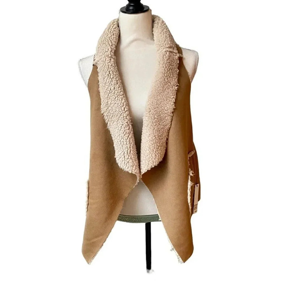 BB Dakota Reversible Vest S Whiskey Brown Faux Suede Sherpa Open Front NWT - Picture 3 of 15